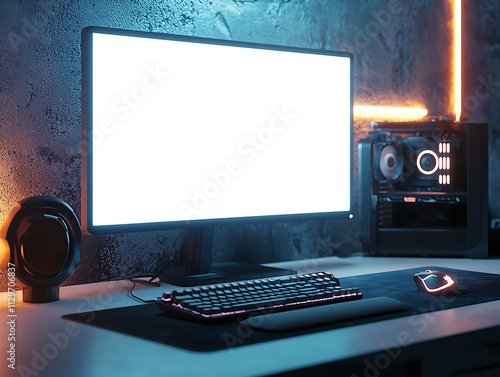 Closeup of monitor display with white screen mockup in modern gaming room environment