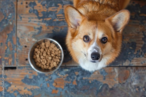 Corgi dog by food bowl photo