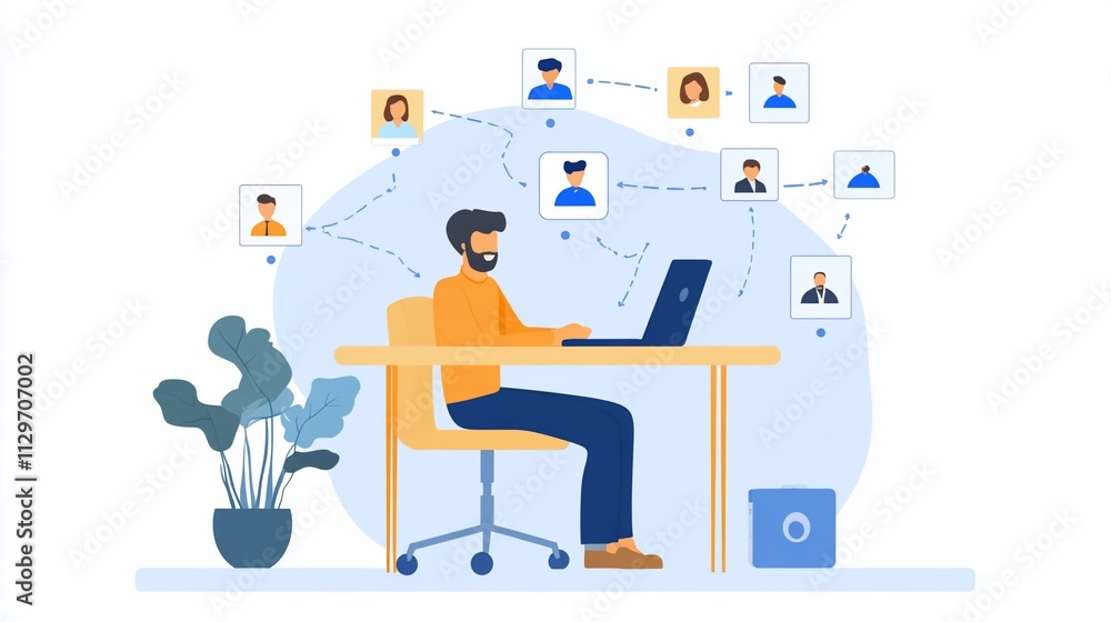Man working on laptop, connected to colleagues online. Man working on laptop, connected to colleagues online.