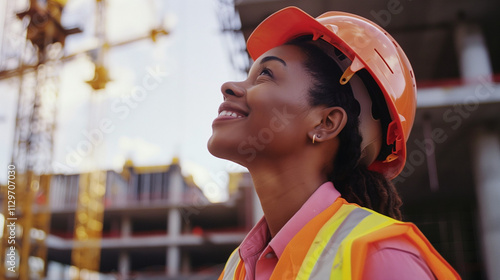 Black foreman builder woman at construction site. African american female apprentice builder working on apprenticeship training scheme. Inspiring young woman, international women's day photo