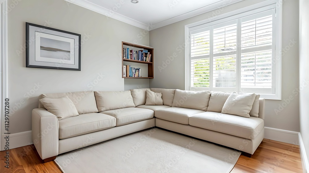 A cozy living room featuring a light-colored sectional sofa, a rug, and bookshelves, illuminated by natural light from large windows. A cozy living room featuring a light-colored sectional sofa, a rug, and bookshelves, illuminated by natural light from large windows.