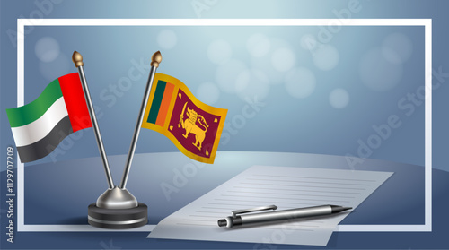United Arab Emirate and Sri Lanka National flags on small table with bokeh background, cooperative relationship