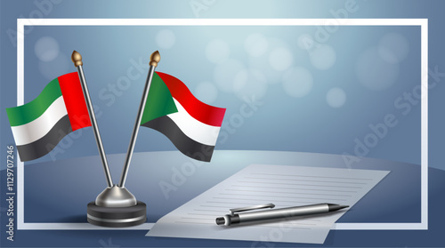 United Arab Emirate and Sudan National flags on small table with bokeh background, cooperative relationship