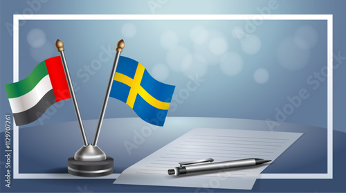 United Arab Emirate and Sweden National flags on small table with bokeh background, cooperative relationship