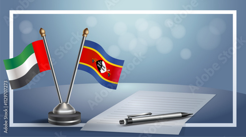 United Arab Emirate and Swaziland National flags on small table with bokeh background, cooperative relationship