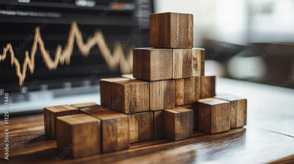 Wooden Blocks Stacked on Desk with Stock Market Graph in Background Wooden Blocks Stacked on Desk with Stock Market Graph in Background