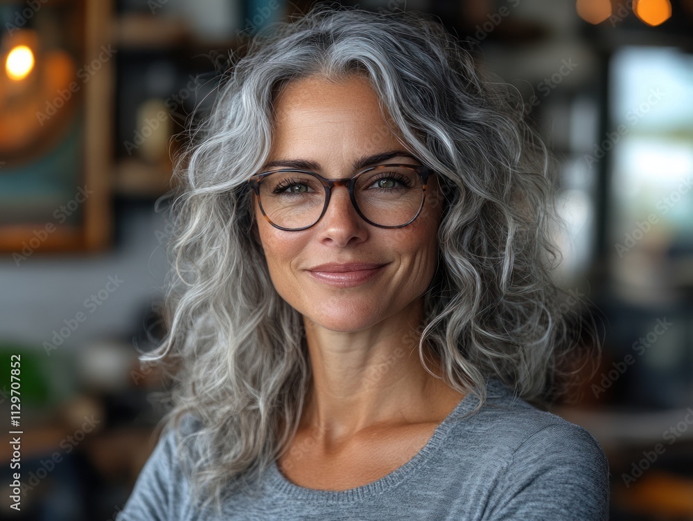 Smiling woman with curly gray hair and glasses. Smiling woman with curly gray hair and glasses.