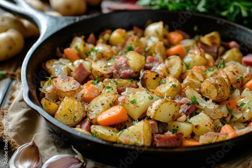 Corned beef hash cooked with vegetables in a cast iron pan