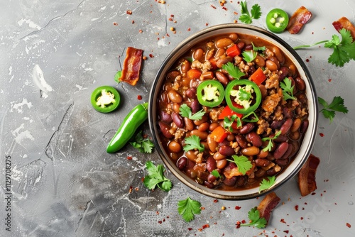 Cowboy beans with beef jalapeno bacon in bowl on stone background Top view close up photo