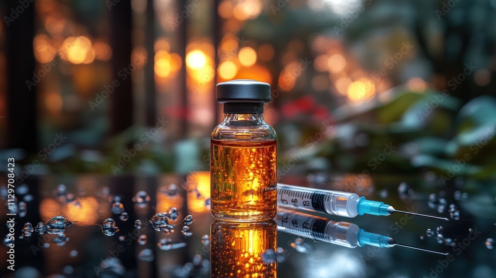 Syringe and vial with liquid against a blurred background. Syringe and vial with liquid against a blurred background.