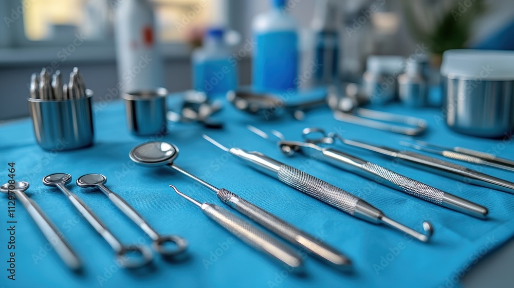 Dental tools arranged on a blue surface. Dental tools arranged on a blue surface.