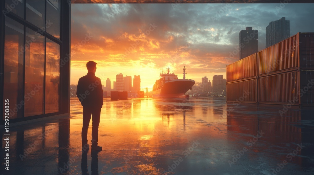 Man Contemplating Sunset over Cargo Ship and Cityscape Man Contemplating Sunset over Cargo Ship and Cityscape