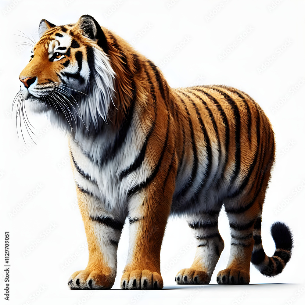 Fototapeta premium Tiger isolated on a white background, Side view, tiger standing full HD image generated by Ai. full body, realistic, full detail looking at the camera.