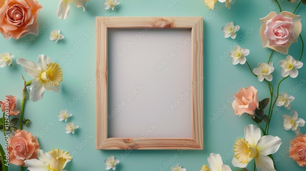 A blank white picture frame with a wooden border centered encircled by roses and daffodils A blank white picture frame with a wooden border centered encircled by roses and daffodils