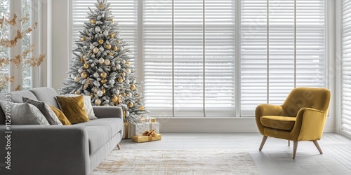Bright and cozy living room decorated with a frosted Christmas tree adorned with gold and white ornaments near a large window with white blinds