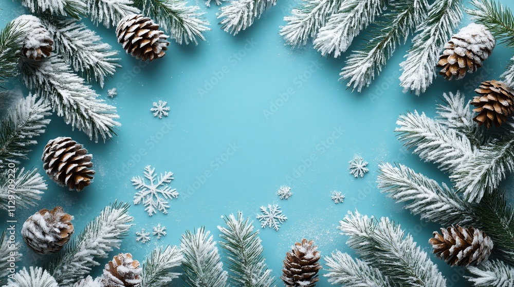 Snowy pine branches, pinecones arranged on light blue background. Festive winter decor. Ideal for holiday cards posters. Copy space available for text design elements. Winter themed image perfect for Snowy pine branches, pinecones arranged on light blue background. Festive winter decor. Ideal for holiday cards posters. Copy space available for text design elements. Winter themed image perfect for