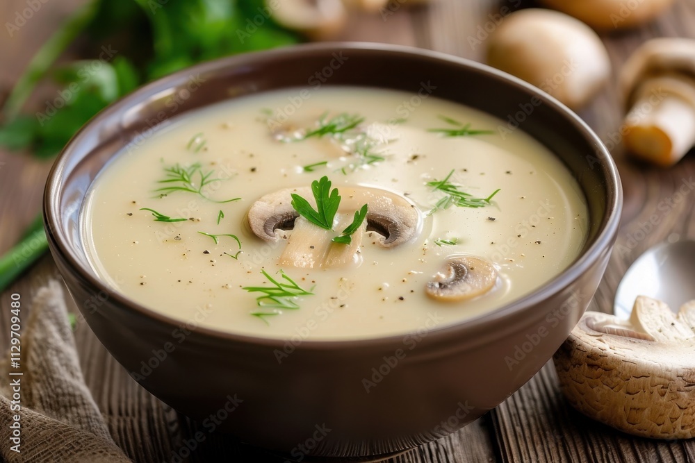 Cream mushroom soup on wooden table Cream mushroom soup on wooden table