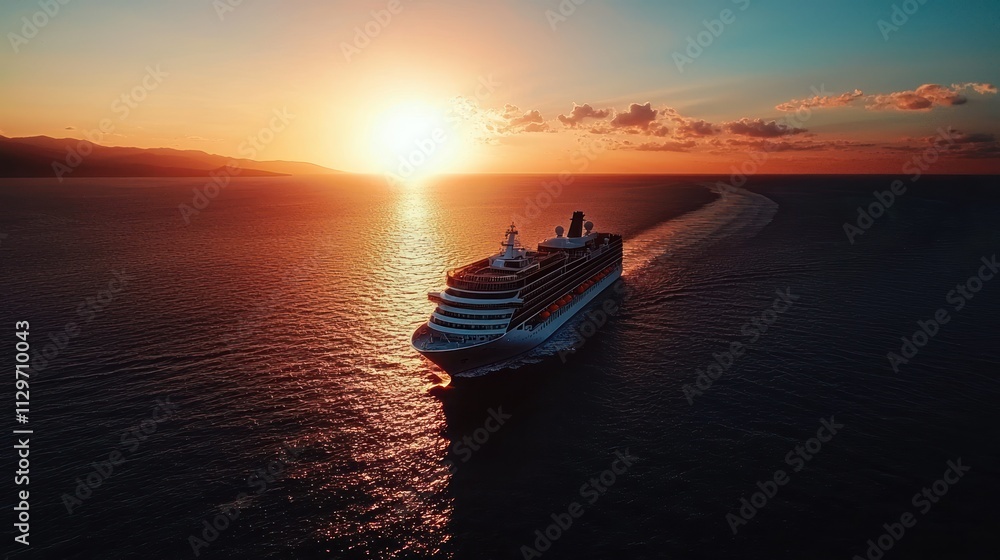 Cruise ship sailing at sunset over ocean coastal area aerial view relaxation concept Cruise ship sailing at sunset over ocean coastal area aerial view relaxation concept