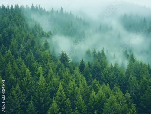 Dense forest shrouded in a light mist. Rich green trees cover the hillside. Nature-based solution for eco-friendly gas reduction. Restoration project absorbs CO2.