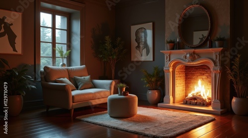 Cozy Living Room with Fireplace and Armchair