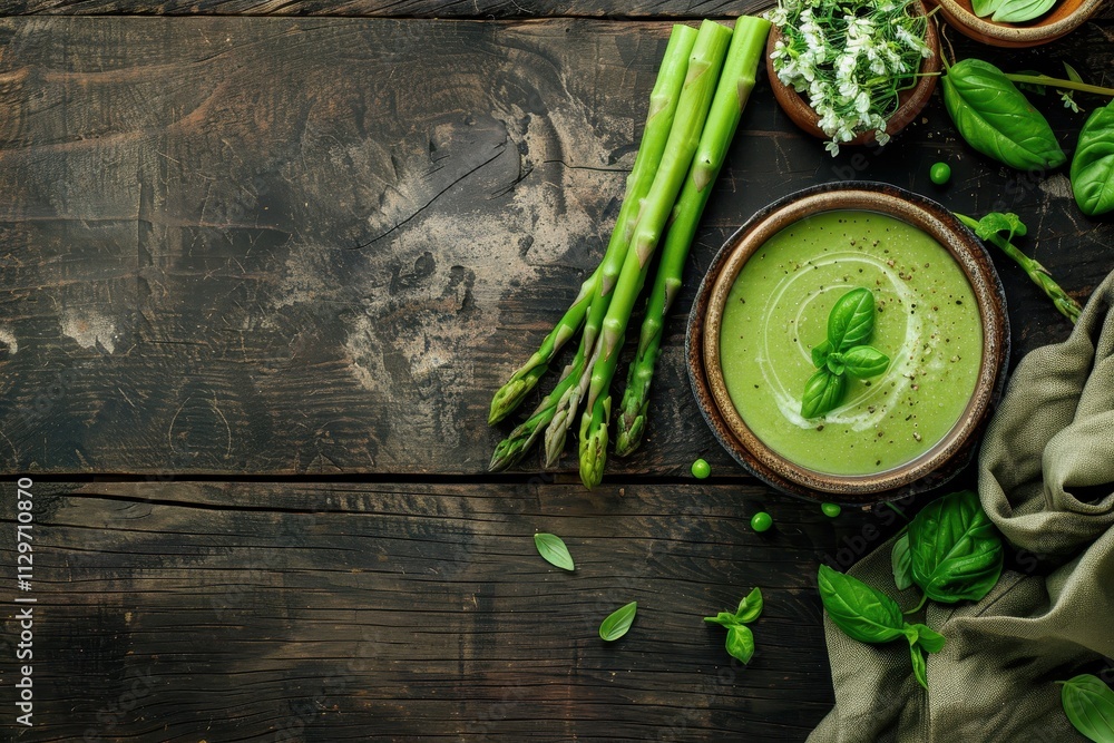 Creamy green asparagus soup on wood Creamy green asparagus soup on wood
