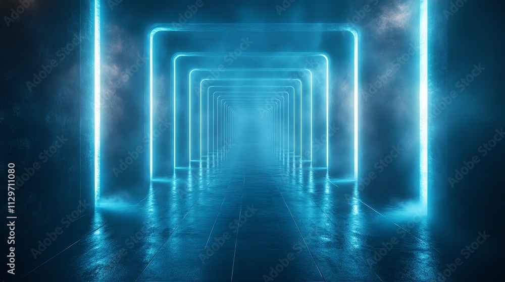 Fototapeta premium A long blue tunnel with a blue light at the end