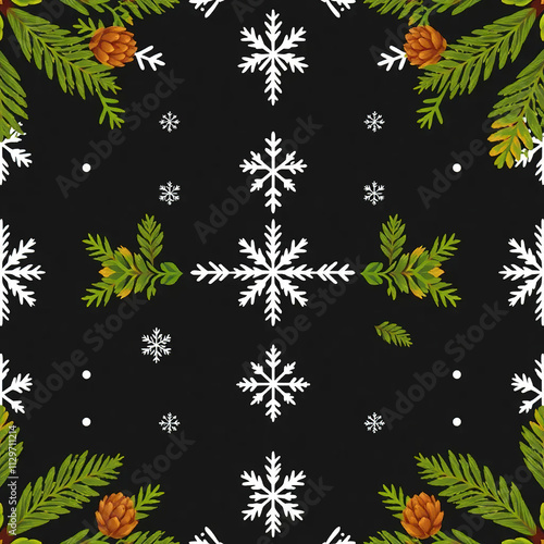 fir cones and snowflakes seamless pattern background
 photo