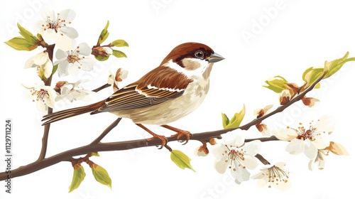 Beautiful Sparrow Perched on a Branch with Delicate White Blossoms in Spring, Capturing the Essence of Nature and Wildlife in a Serene Setting photo