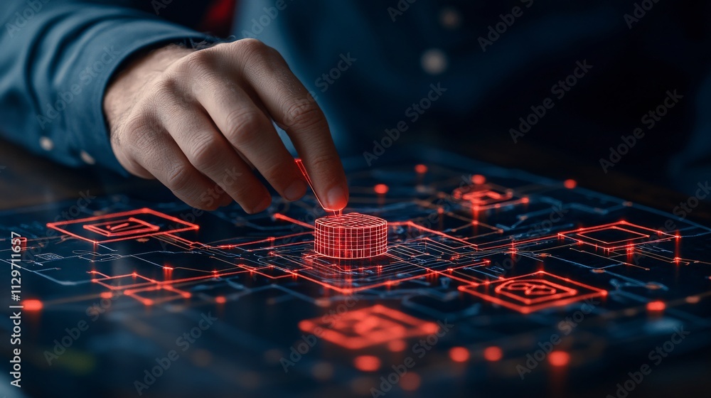Hand Interacting with a Digital Interface Displaying Red 3D Graphics Representing Data Connections and Technology Innovations in a Modern Work Environment Hand Interacting with a Digital Interface Displaying Red 3D Graphics Representing Data Connections and Technology Innovations in a Modern Work Environment