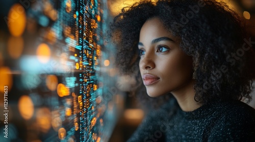 Young woman engaging with AI-driven fintech platform while analyzing credit data in a modern setting photo