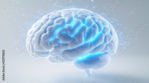 3D Model of White Brain Floating in Clear Space with Blue Glowing Effects