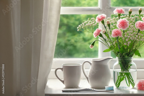 Wallpaper Mural serene aesthetically pleasing arrangement on a windowsill. a bouquet of pink flowers, calm and freshness. fresh morning vibes Torontodigital.ca
