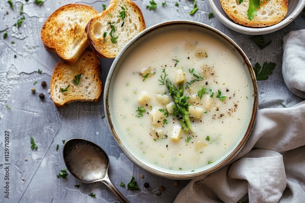 Creamy white asparagus soup with bread toasts on a gray stone background with kitchen towel and spoon