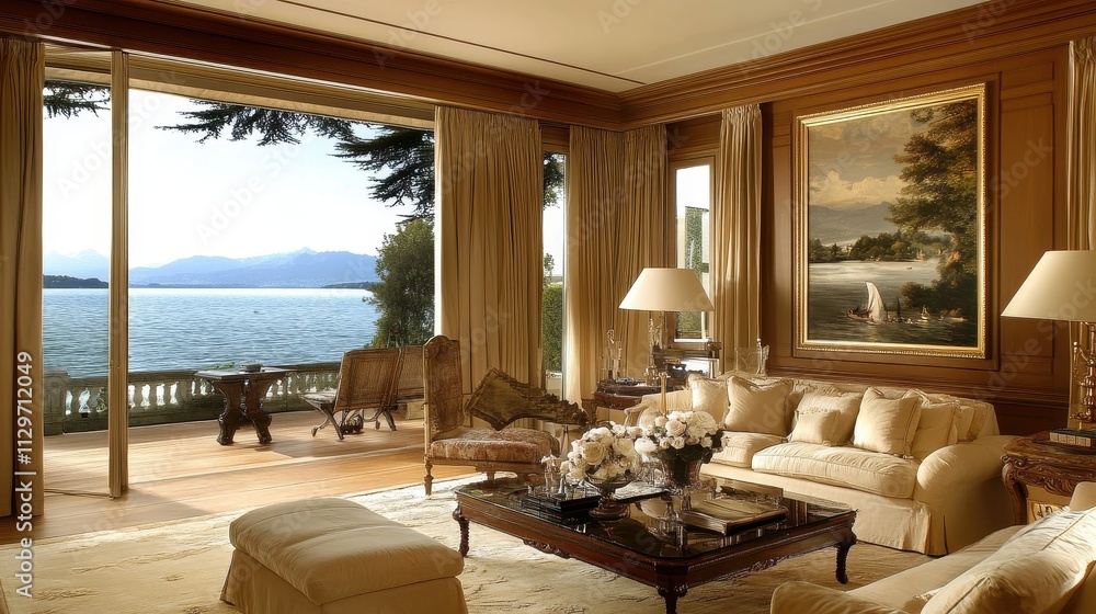 Fototapeta premium Luxurious Lake View Living Room Interior Design