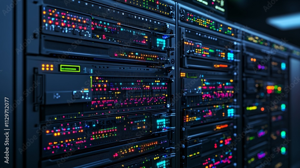 High-Tech Data Center with Colorful LED Lights on Server Racks Showcasing Advanced Technology and Network Management in a Dark Environment High-Tech Data Center with Colorful LED Lights on Server Racks Showcasing Advanced Technology and Network Management in a Dark Environment
