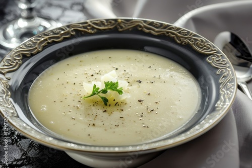 Creamy white asparagus soup beautifully served on a dark background