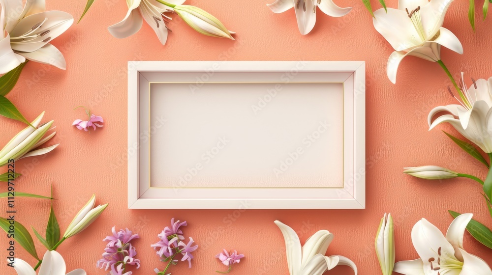 A blank white picture frame with gold inlays in the middle surrounded by lilies and violets A blank white picture frame with gold inlays in the middle surrounded by lilies and violets