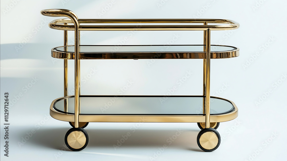 a studio shot of a large chic art deco style bar cart gold and mirrored glass empty side view isolated on a light background a studio shot of a large chic art deco style bar cart gold and mirrored glass empty side view isolated on a light background