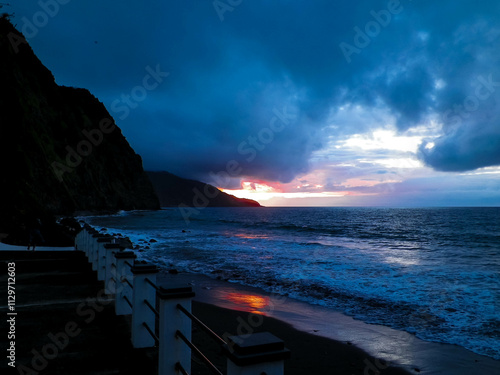 Beautiful sunset over Povocao beach. Azores, Portugal. photo