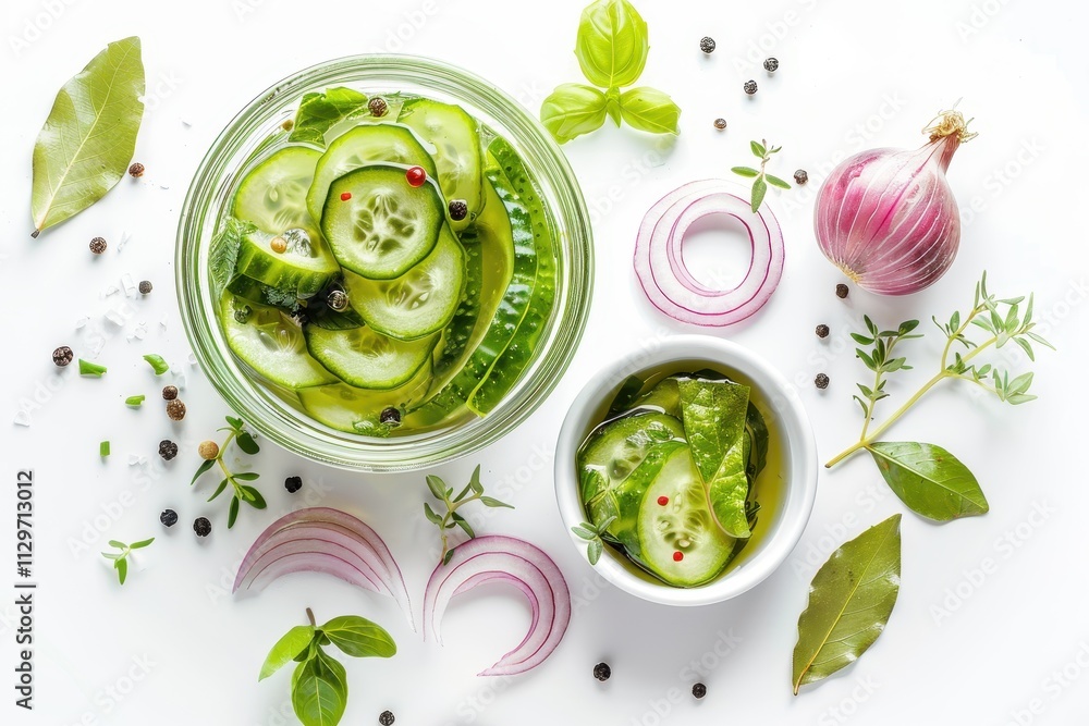 Obraz premium Cucumber and onion salad with spices and herbs on white background