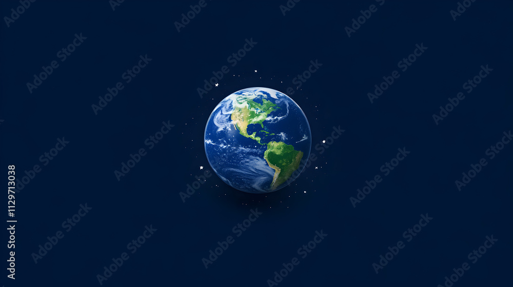 Naklejka premium A simple representation of the Earth with a few stars surrounding it, symbolizing space research. Earth and stars minimalist design.