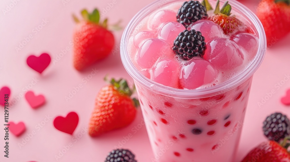 Valentine's Day pink strawberry boba with heart-shaped jelly Valentine's Day pink strawberry boba with heart-shaped jelly
