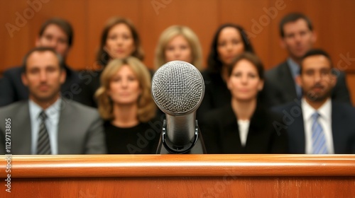 Microphone at a podium with a blurred background of a jury or panel.  Image depicts public speaking, press conference, or courtroom setting.