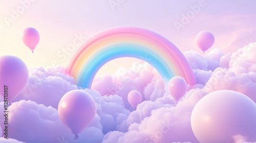 A dreamlike scene of a pastel rainbow arching over fluffy white clouds, surrounded by floating balloons in soft pastel shades, the air filled with a sense of whimsy and innocence photo