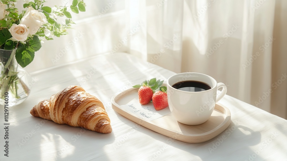 A cozy breakfast scene with coffee, croissant, and strawberries. A cozy breakfast scene with coffee, croissant, and strawberries.