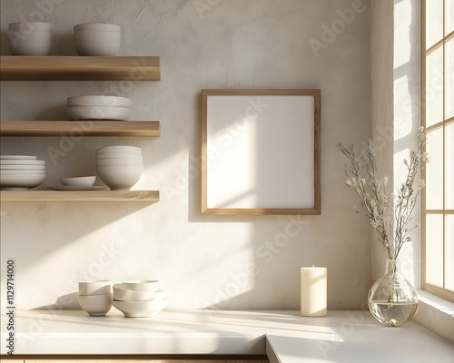 mock up view from the end of countertop 5x7 ratio blank thin wooden photo frame hanging on the kitchen wall minimalist kitchen open shelves with only few white bow