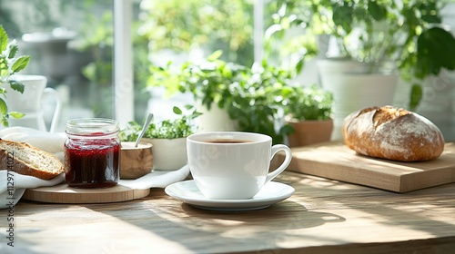 A cozy breakfast scene with coffee, bread, and jam.