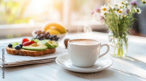 Wallpaper Mural A cozy breakfast scene with coffee, fruit, and a flower vase. Torontodigital.ca