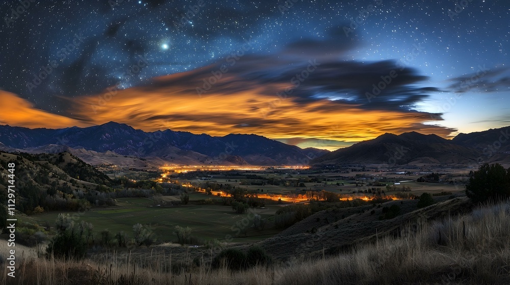 Night sky over valley town, starlit mountains, orange clouds, scenic landscape. Night sky over valley town, starlit mountains, orange clouds, scenic landscape.