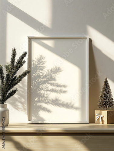 side view hyper realistic fullbody photography of a vertical 34sized white frame with a white canvas on a dresser inside a minimalist christmas living room sunligh photo